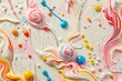 Lush abstract confectionery motifs, inspired by whimsical candies and sugary treats, adorn a backdrop of pure white, invoking the joy and delight of culinary sweetness.