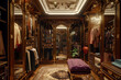 Glamorous dressing room: Hollywood mirrors, lavish wardrobe, designer attire.