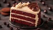 luscious red velvet cake, showcasing the moist cake layers, smooth cream cheese frosting, and decorative accents