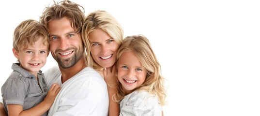 Happy family of four in casual attire smiling on white background   ideal for home   lifestyle ads