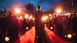 © Artem - Elegant woman in designer evening gown walks down the red carpet illuminated by flashing camera lights with Cannes Palais des Festivals in the background