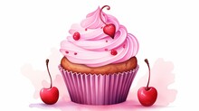 Greeting Card With Watercolor Cupcake And Cherry. With Place For Your Text. (Use For Boarding Pass, Invitations, Thank You Card, Birthday Card)