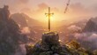 Artifact, Ancient sword, Rising from enchanted stone with a burst of magic, Dawn breaking over mystical mountains, Photography, Golden Hour, Depth of Field Bokeh Effect, Crane shot view