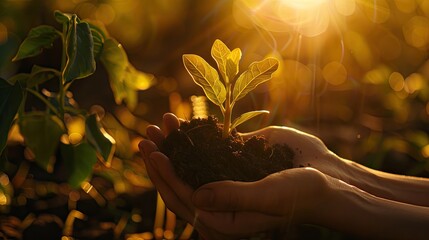 Wall Mural - The delicate touch of human hands nurturing a sapling, with rich soil, against the warm backdrop of golden sunlight filtering through leaves..