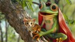 Dressed in a superhero costume, the cartoon frog swoops in to save the day, rescuing a stranded kitten from a tree.