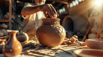 Potter, clay, creating traditional vase, surrounded by tools and kiln, ancient and modern techniques of ceramics, emphasizing cultural significance Realistic depiction