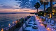 a seaside villa transformed into a glamorous venue for a gathering of corporate elites, where ocean breezes mingle with the scent of  cuisine