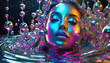 © Adrianna - Reflective neon colored liquid chrome molecules surrounding a woman's face in a pool of liquid metal representing artificial intelligence