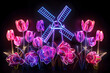 Neon wireframe of windmill in tulip field isolated on black background.