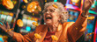 Elderly woman rejoices next to slot machines and flying coins, casino winnings