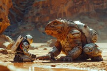 Astronaut With An Armored Alien Creature On A Desert-like Planet Suggests An Interstellar Encounter