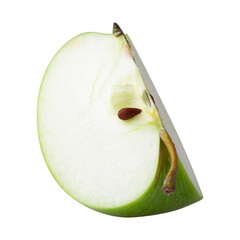 Canvas Print - Green apple with green leaf and cut slice with seed isolated on a transparent background.