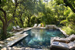 Inviting outdoor seating areas surrounding a luxurious pool in a tranquil backyard.