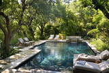 Fototapeta Natura - Inviting outdoor seating areas surrounding a luxurious pool in a tranquil backyard.