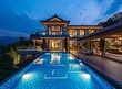 A large luxury villa with a swimming pool and lights at night, overlooking the countryside of southern China