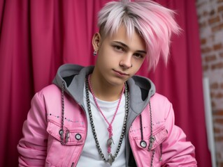 Wall Mural - A young man with pink hair and a pink jacket is wearing a necklace