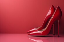 Banner Or Background With Red Women's High Heel Shoes, Copy Space