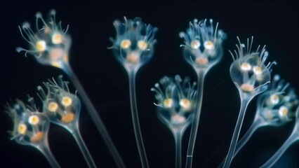 Canvas Print - A series of sequential images captured under a light microscope showing the movement of conidia spores as they are released from a . AI generation.