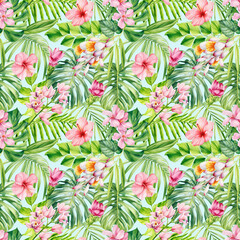  Tropical palm leaves and flowers Seamless pattern. Floral background watercolor hand drawing, Jungle patterns, wallpaper