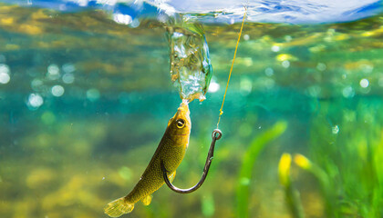 Fishing. Close-up shut of a fish hook under water.