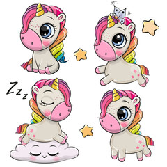 Sticker - Set of Cute Cartoon Unicorns on a white background