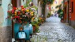 A scooter parking near a house with lots of flower on it as decoration with space for text or product, Generative AI.
