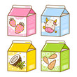 Set of cute cartoon milk drinks isolated on white background - cow, almond, coconut milk and yoghurts