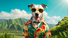 Dalmatian Dog Posing Dressed In A Flower Shirt In Spring Summer To Celebrate The Holidays. Dalmatian Dog  Looking Cute In Flower Shirt With A Nature And Blue Sky Background. Friendly Animals Concept.