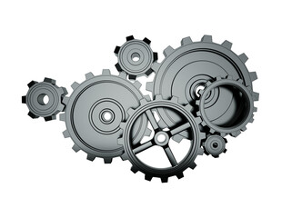Poster - A cluster of interconnected metal gears on a white background, symbolizing machinery or mechanical processes