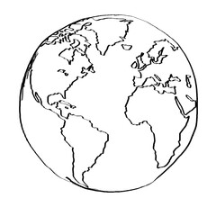 Poster - A black and white illustration of a globe, with simplified outlines of continents on a white background, depicting the concept of earth