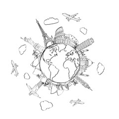 Poster - A sketched collage of famous landmarks around the globe with flying airplanes and clouds, symbolizing travel, on a white background