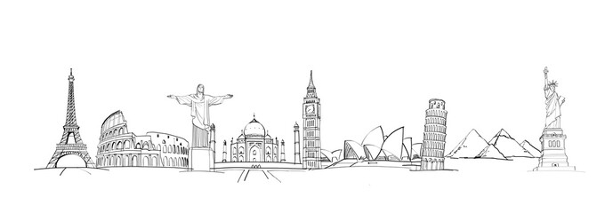 line drawing of famous world landmarks on a white background, depicted in a hand-drawn sketch style,