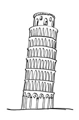 A black and white hand-drawn sketch of the Leaning Tower of Pisa on a white background, reflecting architectural drawing