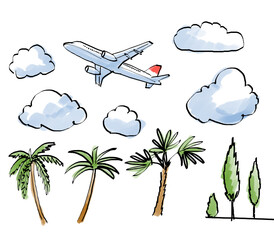 Poster - Hand-drawn illustrations of an airplane and various trees with clouds, in a simple sketch style on a white background, depicting travel and nature