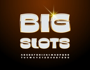 Poster - Vector promo advertising Big Slots. Gold and White elite Font. Bold Alphabet Letters and Numbers set