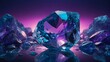Surreal blue crystal emerges victoriously surrounded by a treasure of sparkling gem fragments