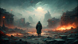 Fototapeta  - Man walking on post apocalyptic scene, dramatic, emptiness