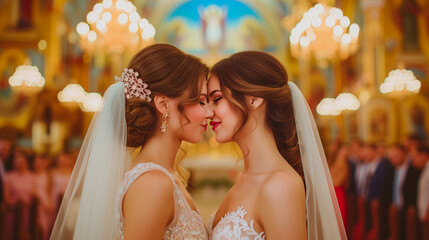 A tender and heartfelt moment between two brides at their wedding, their foreheads touching and smiles close, symbolizing love and equality, set against the warm glow of a celebratory background.