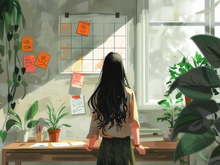 Wall Mural - Image illustration of a long-haired woman standing at a table This scene reflects the simple harmony between nature and technology. Creates a feeling of calm in the midst of work