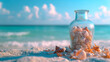 A serene image of a glass jar brimming with various seashells on a sandy beach.