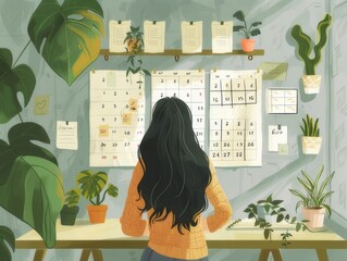 Wall Mural - Image illustration of a long-haired woman standing at a table This scene reflects the simple harmony between nature and technology. Creates a feeling of calm in the midst of work