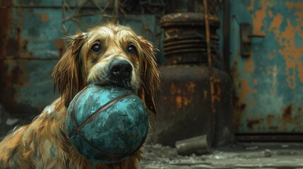 Canvas Print - A dog with a ball in his mouth standing next to an old building, AI