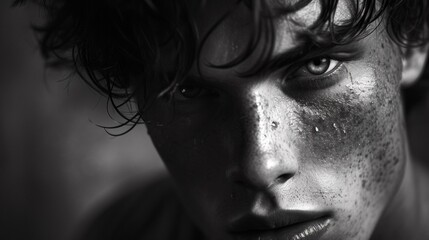 Canvas Print - A close up of a man with freckles and wet hair, AI