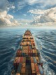 A vast expanse of ocean surrounding a massive ship carrying an assortment of containers, symbolizing the interconnectedness of worldwide trade and goods transportation