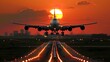 Commercial airplane landing at sunset hours in Asia, telephoto lens.