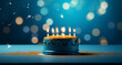 blue background with birthday cake and candles