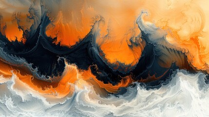 Poster - Abstract painting featuring swirling orange and black waves