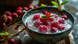 Tub Tim Krob, Thai dessert masterpiece. Ruby-like water chestnut rubies float in sweet coconut milk, crowned with ice. A refreshing, vibrant delight.