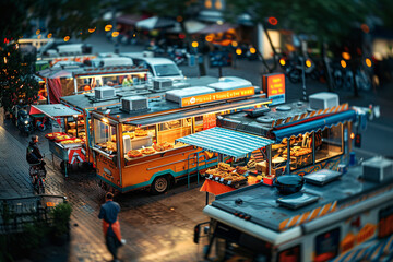 Foodtrucks with burgers and pizzas on the street