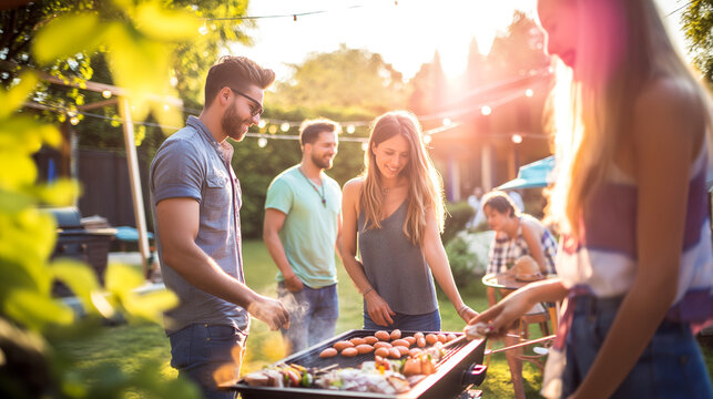 five young adults enjoying an outdoor barbecue party with games and laughter in the backyard.
